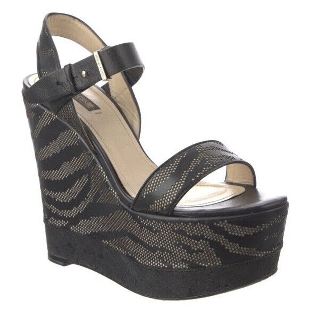 Roberto Cavalli Sandal Wedge Open Toe Platform Animal Zebra Black Leather 39